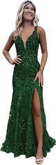 Women's Sparkly Sequin Mermaid Prom Dresses for Teens V Neck Long Formal Evening Party Dresses with Slit Wholesale