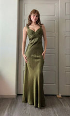 Olive Green Mermaid Beaded Satin Long Prom Dress , AST904
