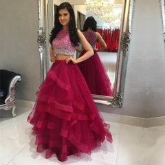 Ombre Sequins Beaded Ruffles Skirt Two Piece Ball Gowns Prom Dresses