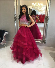 Ombre Sequins Beaded Ruffles Skirt Two Piece Ball Gowns Prom Dresses