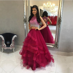 Ombre Sequins Beaded Ruffles Skirt Two Piece Ball Gowns Prom Dresses