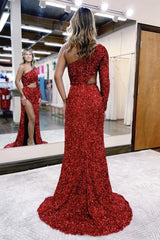 2024 One shoulder Sequins Burgundy Prom Dress Long Evening Dress uk