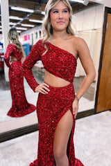 2024 One shoulder Sequins Burgundy Prom Dress Long Evening Dress uk