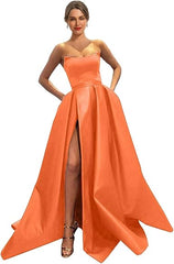 Womens Long Strapless Satin Prom Dress Sleeveless Slit Evening Ball Gown Off Shoulder Party Dress Wholesale