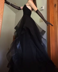 Vintage Ball Gown Strapless Sleeveless Long Tulle Black Prom Dress P1200