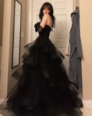 Vintage Ball Gown Strapless Sleeveless Long Tulle Black Prom Dress P1200