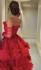 Sexy Ball Gown Long Straps Red Tulle Prom Dresses P1208