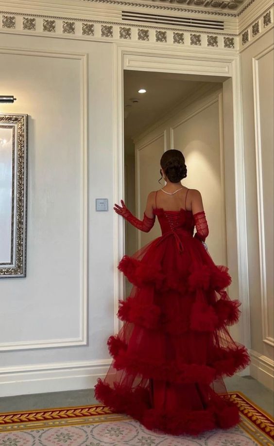 Sexy Ball Gown Long Straps Red Tulle Prom Dresses P1208