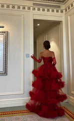 Sexy Ball Gown Long Straps Red Tulle Prom Dresses P1208