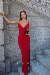 P1240 - Sexy/Hot Spaghetti Straps V-Neck Satin Party Prom Dress with Slit