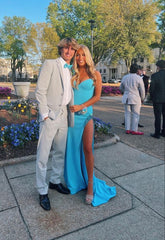 Modest Sheath Straps Long Satin Blue Slit Prom Dresses P1240