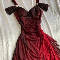 Belle robe de bal longue en mousseline de soie rouge ombré à bretelles trapèze P1284
