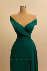 P1438 - Off-Shoulder V-Neck Sheath Side Split Satin Long Evening Formal Dress