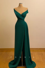P1438 - Off-Shoulder V-Neck Sheath Side Split Satin Long Evening Formal Dress