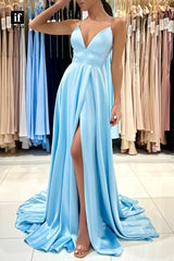 33965 - Chic A-Line Spaghetti Straps V-Neck Sleeveless Prom Formal Gown with Split