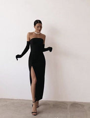 Sexy Sheath Strapless Long Black Prom Dress With Gloves P1570