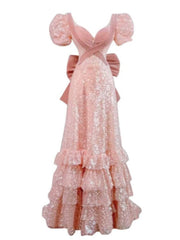 Modest A line Pink Short Sleeves Sequin Ruffles Long Prom Dresses PP1007