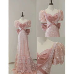 Modest A line Pink Short Sleeves Sequin Ruffles Long Prom Dresses PP1007