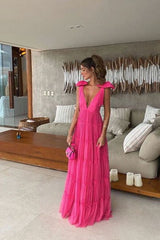 New Hot Pink Backless Long Prom Dress V Neck Formal Gown P1773