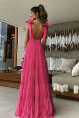 New Hot Pink Backless Long Prom Dress V Neck Formal Gown P1773