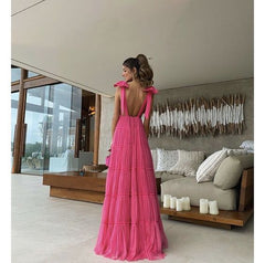 New Hot Pink Backless Long Prom Dress V Neck Formal Gown P1773