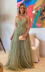 Sexy A Line Straps Sage Green Tulle Prom Dresses 21th Birthday Outfit P2102