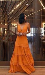 Elegant A line Strap Long Organge Prom Dress 22th Birthday Outfits P2130