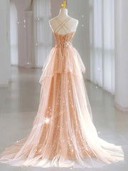 Hot Shiny A line Spaghetti Straps Sleeveless Sequin Tulle Long Prom Dresses P2298