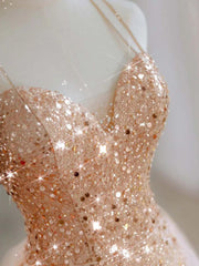 Hot Shiny A line Spaghetti Straps Sleeveless Sequin Tulle Long Prom Dresses P2298