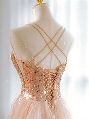 Hot Shiny A line Spaghetti Straps Sleeveless Sequin Tulle Long Prom Dresses P2298