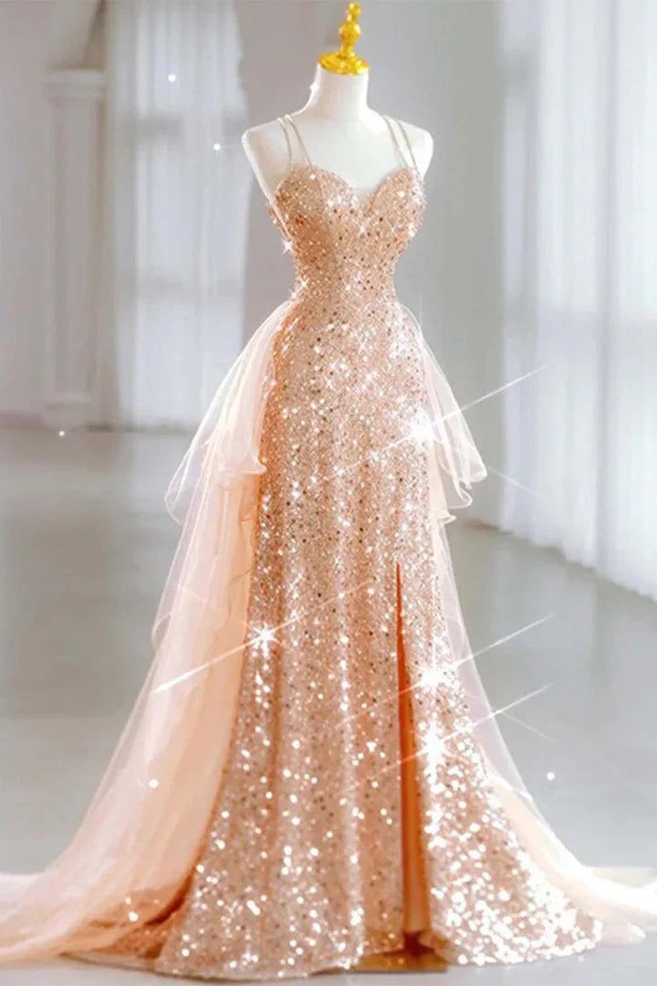 Hot Shiny A line Spaghetti Straps Sleeveless Sequin Tulle Long Prom Dresses P2298