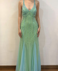 Pretty Mermaid V neckline Green Floor Length Prom Dresses With Beads P2304