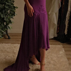 Beautiful Sheath Spaghetti Straps Grape Chiffon Prom Dress With Beads P2305