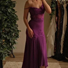Beautiful Sheath Spaghetti Straps Grape Chiffon Prom Dress With Beads P2305