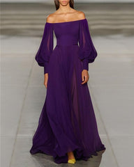 Pretty A Line Off The Shoulder Grape Chiffon Prom Dresses Long Evening Gowns P2309