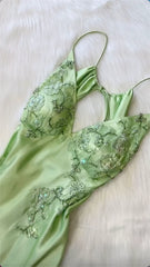 Beautiful A Line Spaghetti Straps Green Long Prom Dresses Backless Satin Evening Gowns P2314