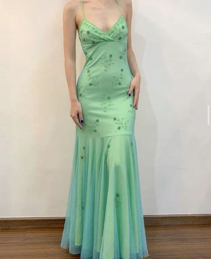 Beautiful Mermaid Spaghetti Straps Mint Green Long Prom Dresses Evening Gowns P2316