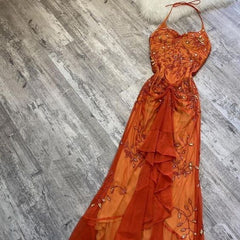 Beautiful A line Spaghetti Straps Orange Chiffon Prom Dress With Beads P2317