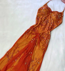 Beautiful A line Spaghetti Straps Orange Chiffon Prom Dress With Beads P2317