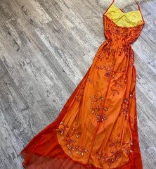 Beautiful A line Spaghetti Straps Orange Chiffon Prom Dress With Beads P2317