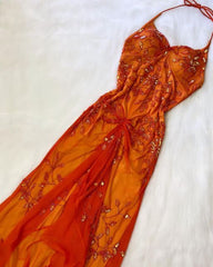 Beautiful A line Spaghetti Straps Orange Chiffon Prom Dress With Beads P2317