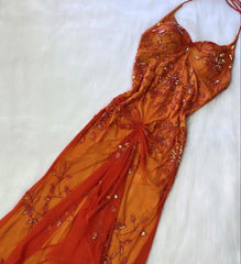 Beautiful A line Spaghetti Straps Orange Chiffon Prom Dress With Beads P2317
