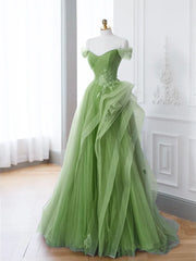 New Arrival A-Line Tulle Lace Green Long Prom Dress, Green lace Long Formal Dress P2321