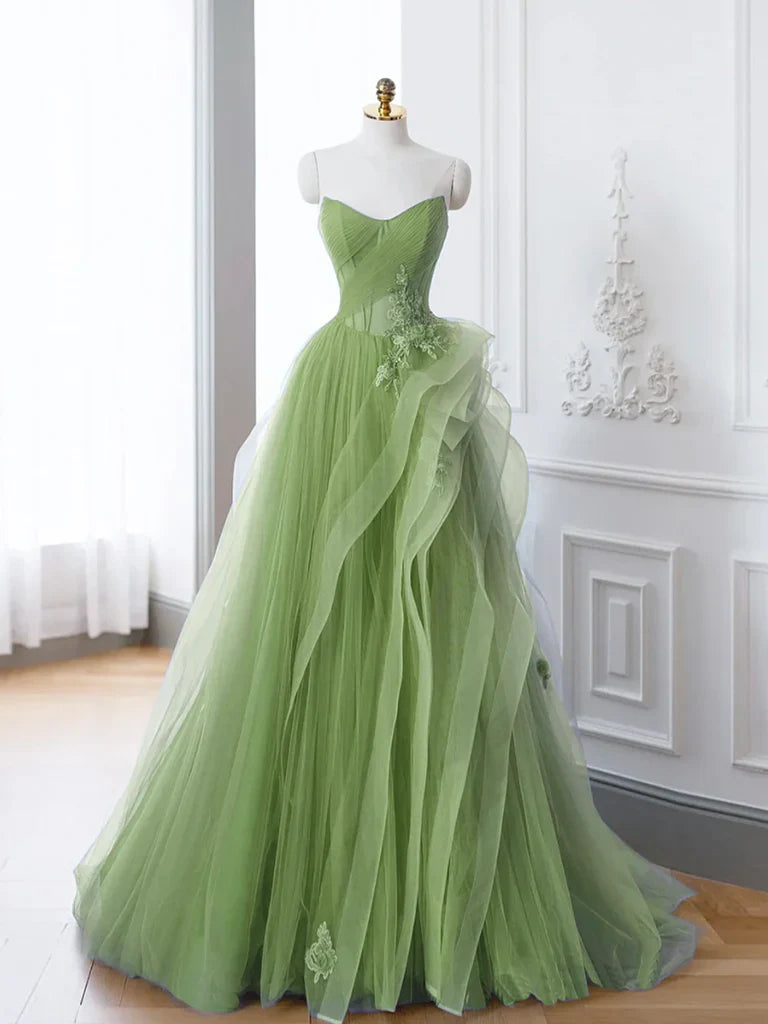 New Arrival A-Line Tulle Lace Green Long Prom Dress, Green lace Long Formal Dress P2321