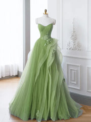 New Arrival A-Line Tulle Lace Green Long Prom Dress, Green lace Long Formal Dress P2321