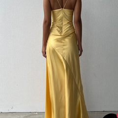 Sexy Mermaid Spaghetti Straps Sleeveless Party Dress Yellow Prom Dresses P2322