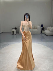 Pretty Sheath Strapless Neckline Sleeveless Evening Dress Gold Satin Prom Dresses P2327