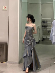 Pretty Sheath Straps Sleeveless Evening Dress Gray Long Ruffles Prom Dresses P2328