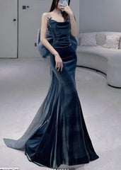 Modest Sheath Strapless Navy Blue Velvet Long Party Dress Prom Dress P2332