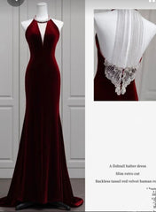 Modest Mermaid Scoop Neckline Burgundy Velvet Long Party Dress Prom Dress P2333